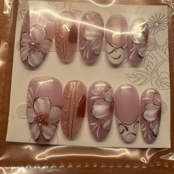 Press On Nails False Nails Pink Flower Floral Glitter Fake Nails Set 10 Pieces - Picture 1 of 1